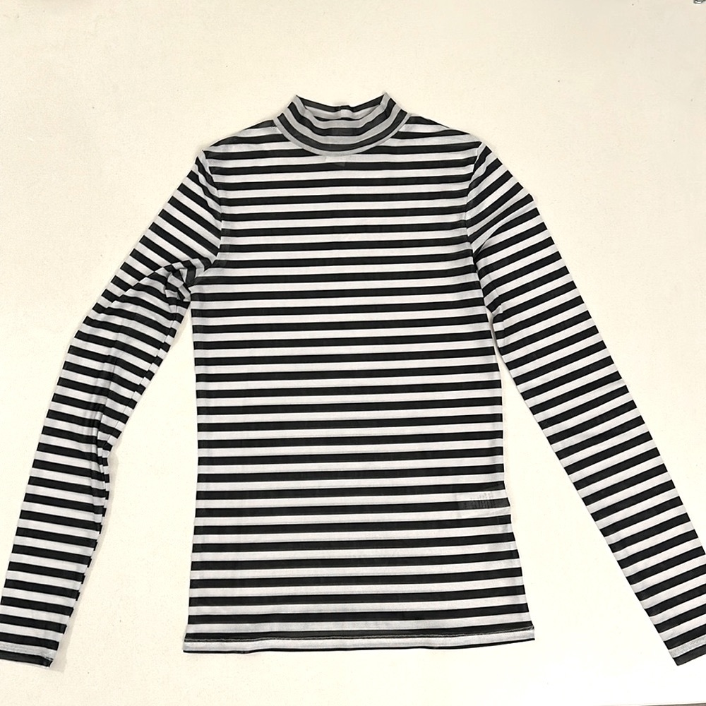 Simons Twik Black and White Striped Mock Neck Mesh Top S